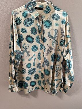 Nylon Cream Button-Down Shirt with Turquoise Motif